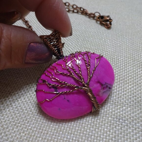 Gorgeous PINK DENDRITE OPAL Copper Wire-Wrapped Tree Pendant/Chain #192C - Picture 3 of 3